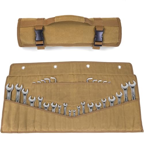 lelezone Wrench Roll 32 Pockets, Heavy-Duty 16 oz. Waxed Canvas Wrench Roll Up Bag Holds Wrench Wrap for Metric and SAE Wrenches, Wrench Pouch with Buckles and Handle, Sturdy Wrench Tool roll (Khaki) - Image 1