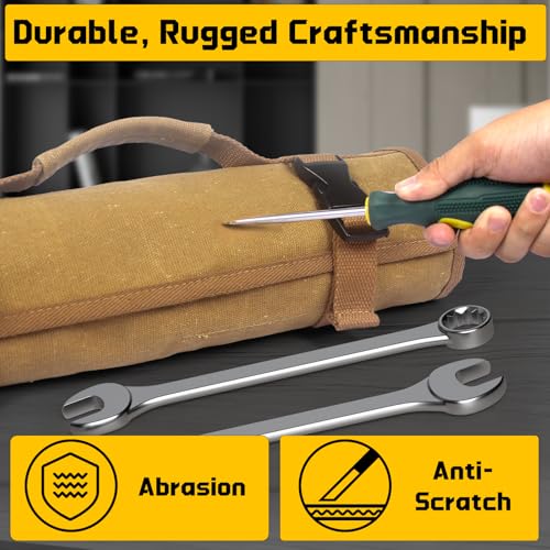 lelezone Wrench Roll 32 Pockets, Heavy-Duty 16 oz. Waxed Canvas Wrench Roll Up Bag Holds Wrench Wrap for Metric and SAE Wrenches, Wrench Pouch with Buckles and Handle, Sturdy Wrench Tool roll (Khaki) - Image 3