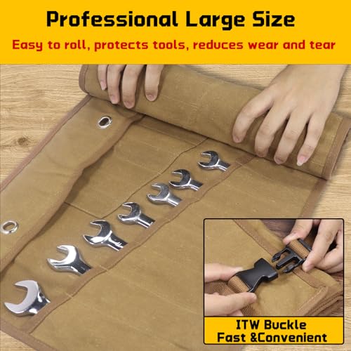lelezone Wrench Roll 32 Pockets, Heavy-Duty 16 oz. Waxed Canvas Wrench Roll Up Bag Holds Wrench Wrap for Metric and SAE Wrenches, Wrench Pouch with Buckles and Handle, Sturdy Wrench Tool roll (Khaki) - Image 5