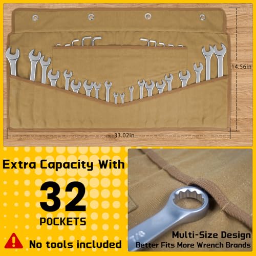 lelezone Wrench Roll 32 Pockets, Heavy-Duty 16 oz. Waxed Canvas Wrench Roll Up Bag Holds Wrench Wrap for Metric and SAE Wrenches, Wrench Pouch with Buckles and Handle, Sturdy Wrench Tool roll (Khaki) - Image 2