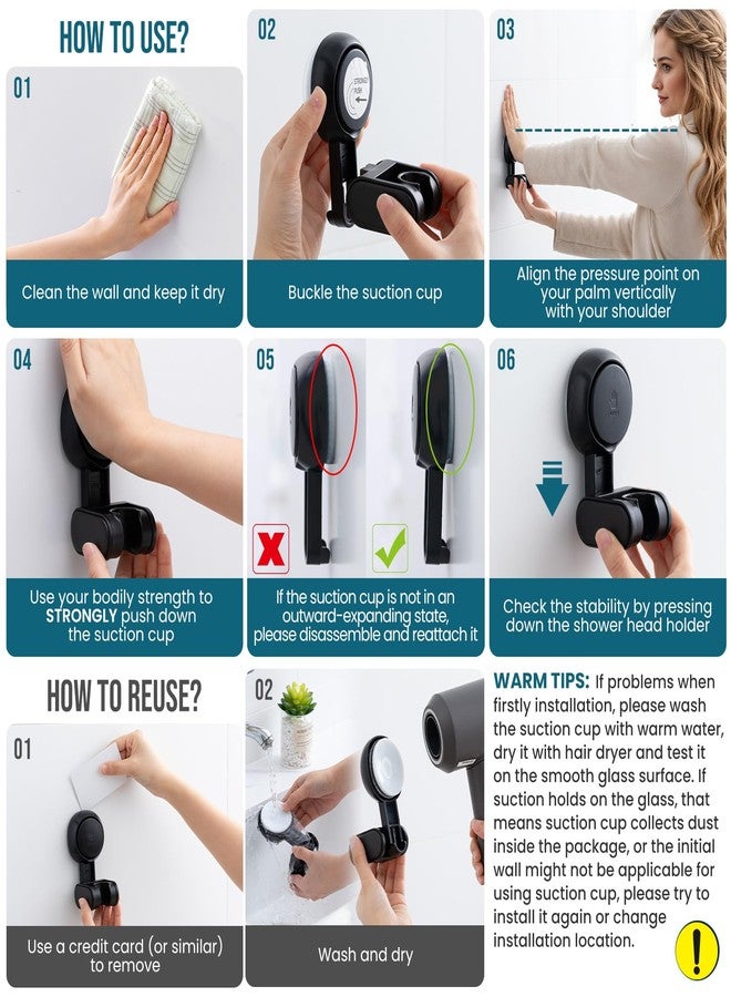 TAILI Shower Head Holder Suction Cup, Handheld Shower Head Bracket, Height Angle Adjustable Wall Mounted, Bathroom Showerhead Holder No Drilling Removable Waterproof, Black - Image 2