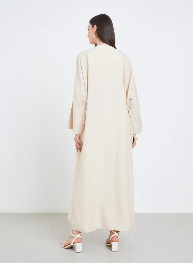 تايك تو Take Two Cream Open Front Embroidered Sleeve Abaya
