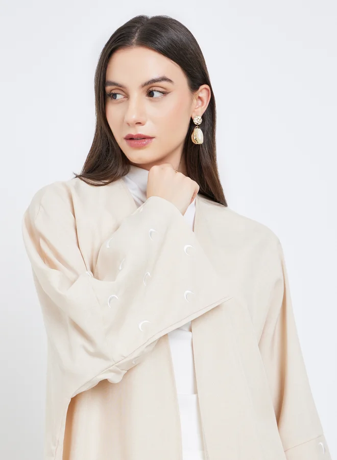 تايك تو Take Two Cream Open Front Embroidered Sleeve Abaya