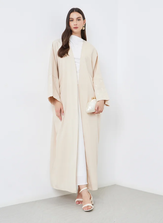 Take Two Take Two Cream Open Front Embroidered Sleeve Abaya