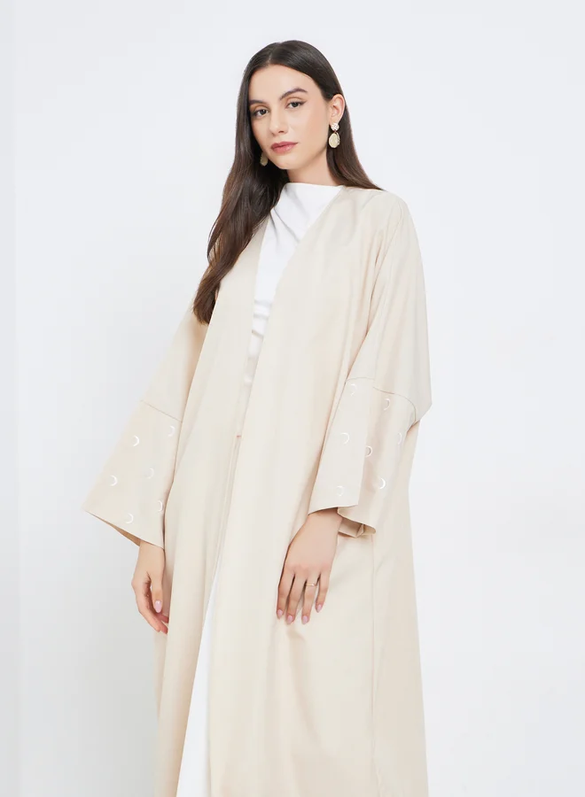 تايك تو Take Two Cream Open Front Embroidered Sleeve Abaya