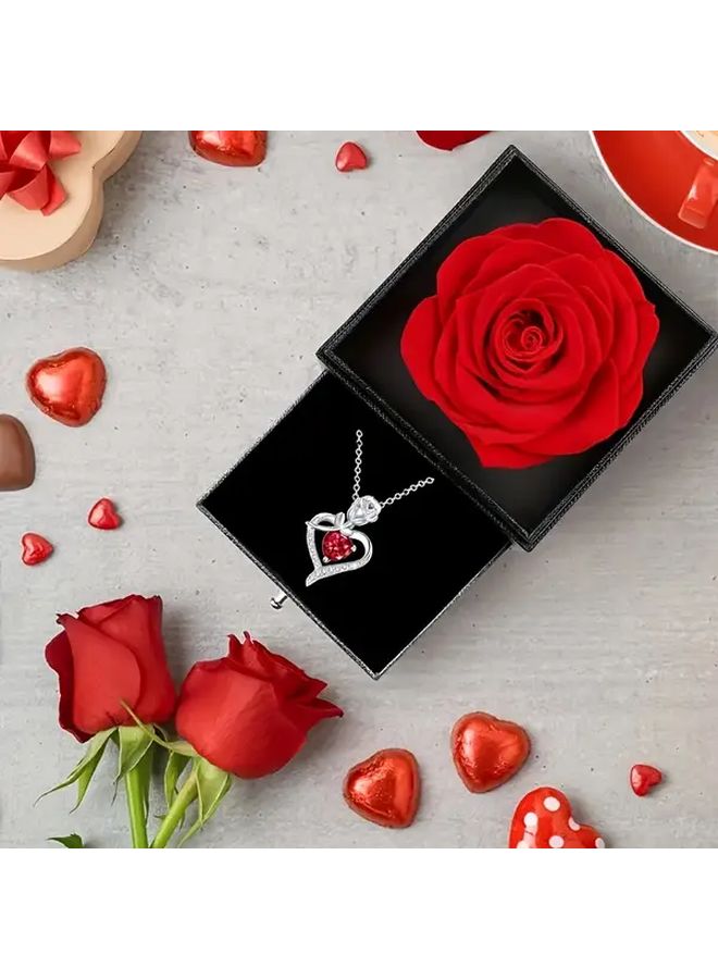Eternal Red Rose Gift Box With Crystal Heart Ruby Pendant For Mothers Day Anniversary - Image 2