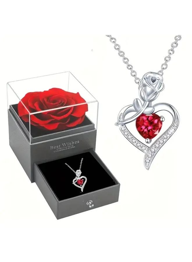Eternal Red Rose Gift Box With Crystal Heart Ruby Pendant For Mothers Day Anniversary - Image 5