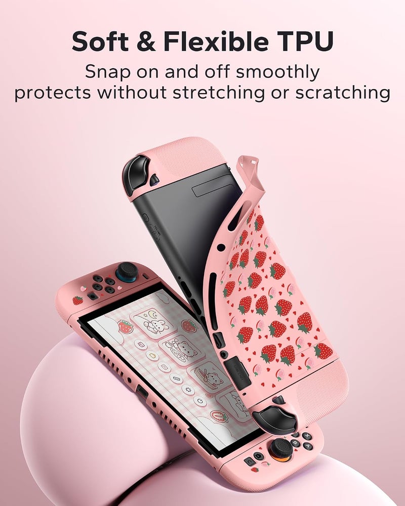 Jemdo Textured Grip Protective Case Compatible with Nintendo Switch 2 (2025) - Cute Pink Strawberry Design, Matte Shockproof TPU Shell with Anti-Slip Handles, Ergonomic & Comfort Slim Back Cover - Image 3