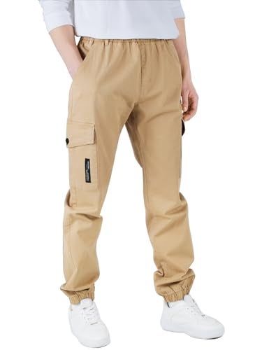 CAMLAKEE Boys Cargo Pants for Kids Stretch Elastic Waist School Youth Twill Joggers Beige 6-7 Years/Size 130 - Image 3