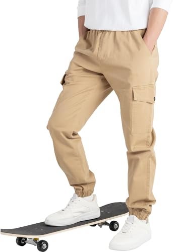 CAMLAKEE Boys Cargo Pants for Kids Stretch Elastic Waist School Youth Twill Joggers Beige 6-7 Years/Size 130 - Image 2