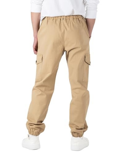 CAMLAKEE Boys Cargo Pants for Kids Stretch Elastic Waist School Youth Twill Joggers Beige 6-7 Years/Size 130 - Image 4