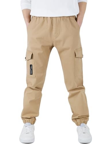 CAMLAKEE Boys Cargo Pants for Kids Stretch Elastic Waist School Youth Twill Joggers Beige 6-7 Years/Size 130 - Image 1