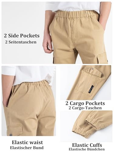 CAMLAKEE Boys Cargo Pants for Kids Stretch Elastic Waist School Youth Twill Joggers Beige 6-7 Years/Size 130 - Image 5