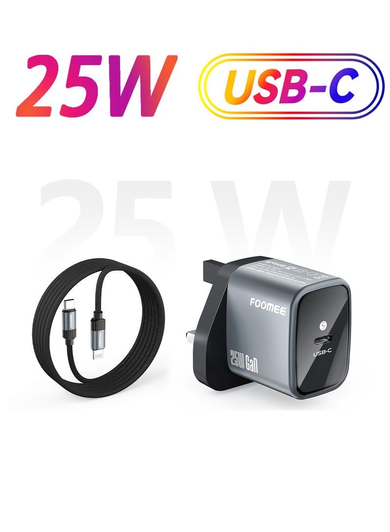 فو ميالتكنولوجيا المحدودة شاحن USB-C سريع بقوة 25 واط بتقنية GaN مع كابل USB-C إلى Lightning 3.3 قدم محول سفر عالمي لأجهزة iPhone 14 Pro Max وسلسلة 13 و12 و11 للاستخدام اليومي والسفر - Image 1