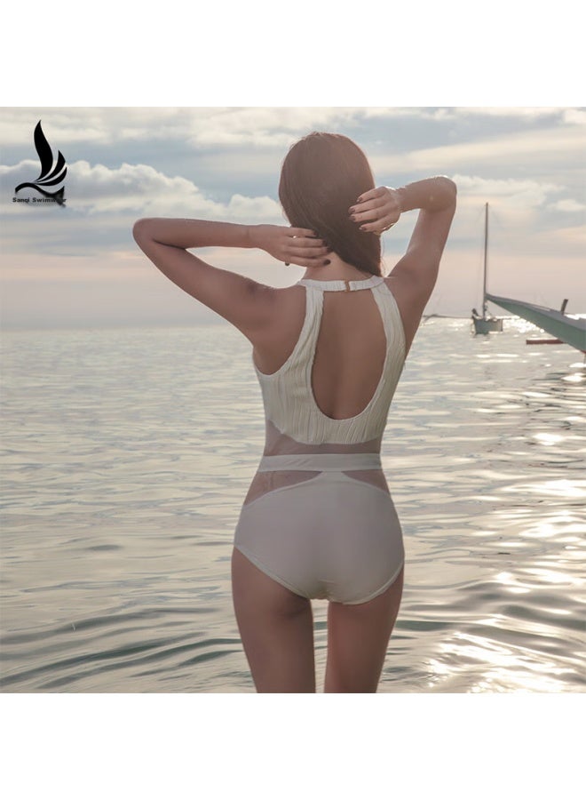 Sanqi One-piece Swimsuit For Women, Conservative Triangle Retro Slimming Tummy-covering Sports Hot Spring Swimwear 18091 Off-white XL - Image 3