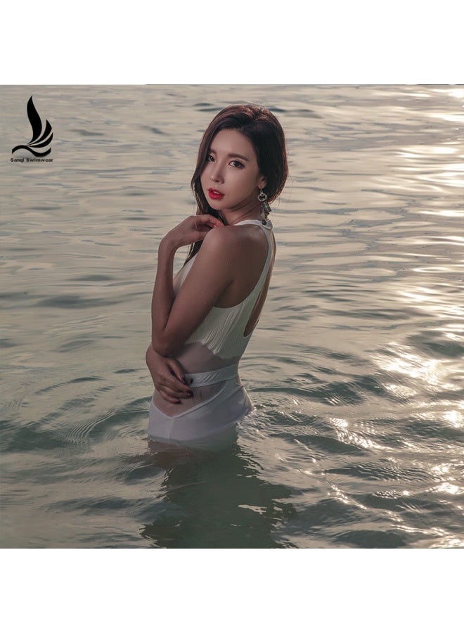 Sanqi One-piece Swimsuit For Women, Conservative Triangle Retro Slimming Tummy-covering Sports Hot Spring Swimwear 18091 Off-white XL - Image 4