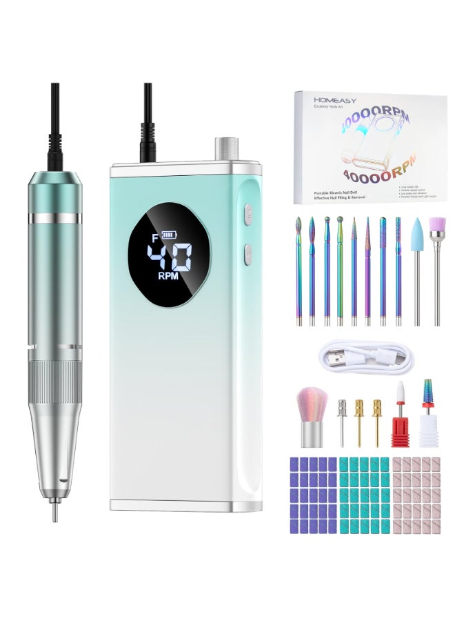 HOMEASY Electric Nail Drill 40000RPM Professional EFiler Rechargeable with 15 Drill Bits Portable Nail File Electric Nail Filer for Acrylic Nails Gel Polishing Removing for Salon Home Blue - Image 2