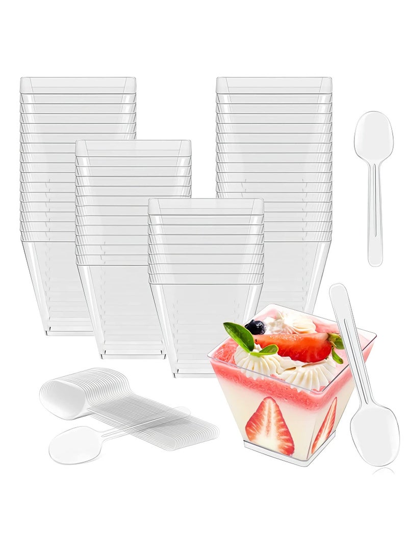 SYOSI Dessert cups, plastic cups, 2 oz / 60ml plastic dessert cups with 50 soup spoons, reusable plastic dessert cups for Desserts, Appetizers, Puddings, Mousse, and More(50 Pack) - Image 1