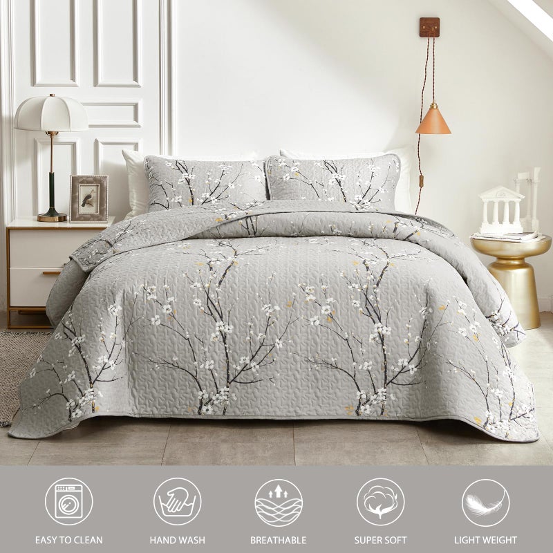 Uozzi Bedding 3 Piece Reversible Quilt Set Gray Branch with White Orange Floral King Size 102x88 Soft Microfiber Lightweight Coverlet Bedspread Summer Comforter Set Bed Cover for All Season (1 Quilt+ 2 Shams) - Image 2