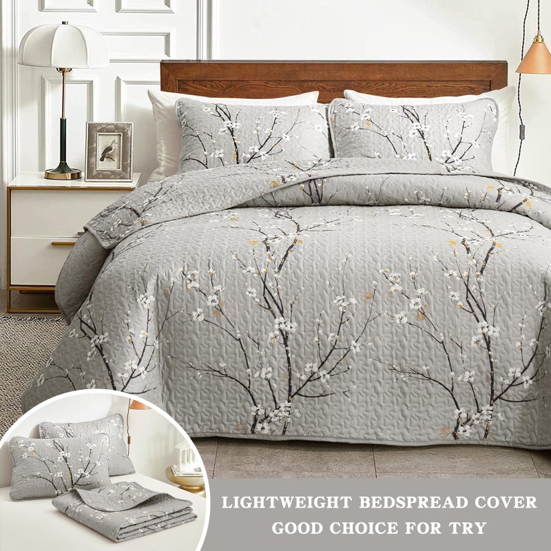 Uozzi Bedding 3 Piece Reversible Quilt Set Gray Branch with White Orange Floral King Size 102x88 Soft Microfiber Lightweight Coverlet Bedspread Summer Comforter Set Bed Cover for All Season (1 Quilt+ 2 Shams) - Image 3