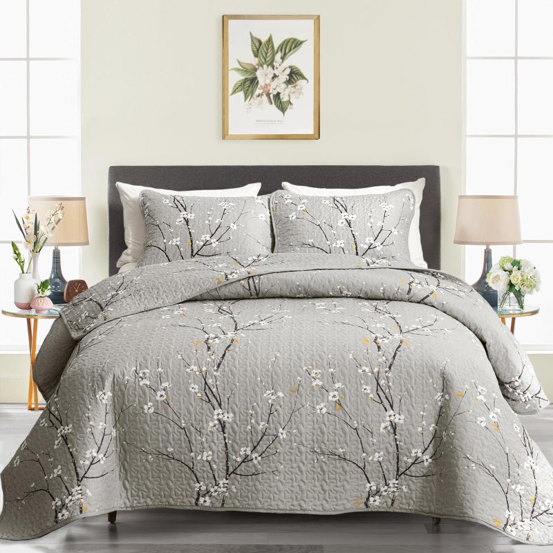 Uozzi Bedding 3 Piece Reversible Quilt Set Gray Branch with White Orange Floral King Size 102x88 Soft Microfiber Lightweight Coverlet Bedspread Summer Comforter Set Bed Cover for All Season (1 Quilt+ 2 Shams) - Image 1