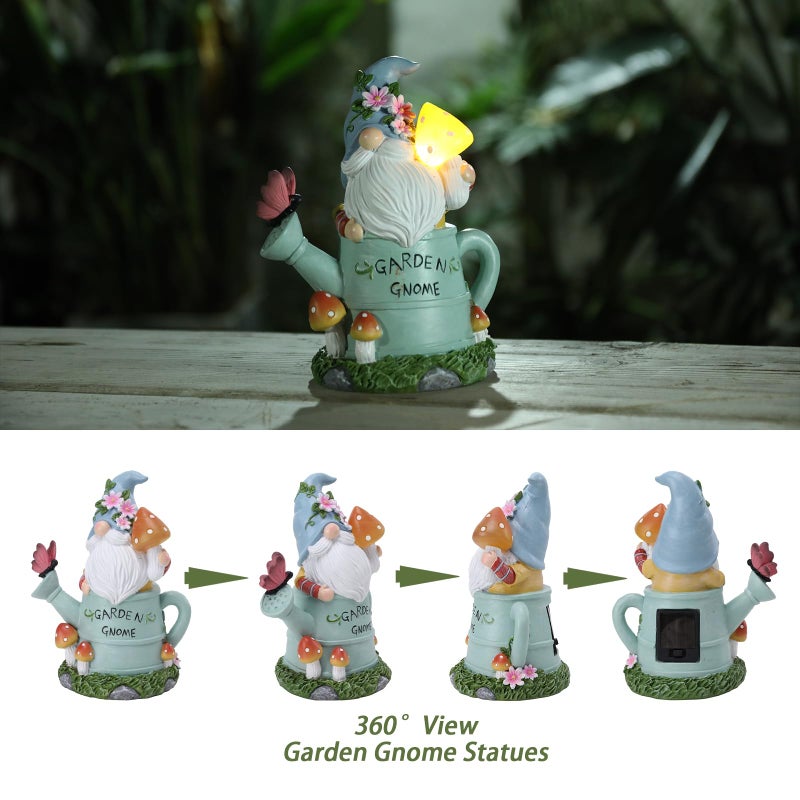 Ovewios Garden Gnome Statue, Solar Powered Gnome Outdoor Decorations with Watering Can Shape - Resin Gnome Figurine with Mushroom Solar Lights for Porch Patio Lawn Yard Art Decor, Gift for Mom - Image 2
