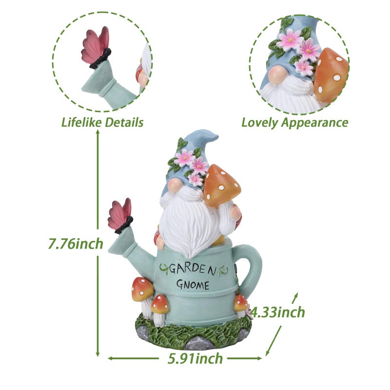 Ovewios Garden Gnome Statue, Solar Powered Gnome Outdoor Decorations with Watering Can Shape - Resin Gnome Figurine with Mushroom Solar Lights for Porch Patio Lawn Yard Art Decor, Gift for Mom - Image 4