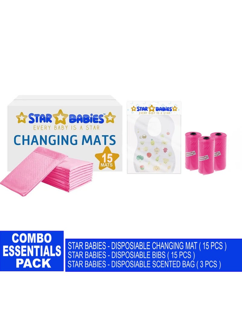 STAR BABiES Baby Essentials Pack Of 3 Changing Mat 15Pcs Bibs 15Pcs Scented Bag 3Pcs Pink - Image 1