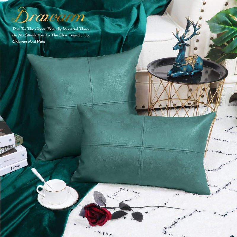 BRAWARM Faux Leather Throw Pillow Covers 22 X 22 Inches, Teal Leather Pillow Cover, Hand Stitched Leather Decorative Pillow Cover for Couch Sofa Bed Living Room Home Garden - Image 4