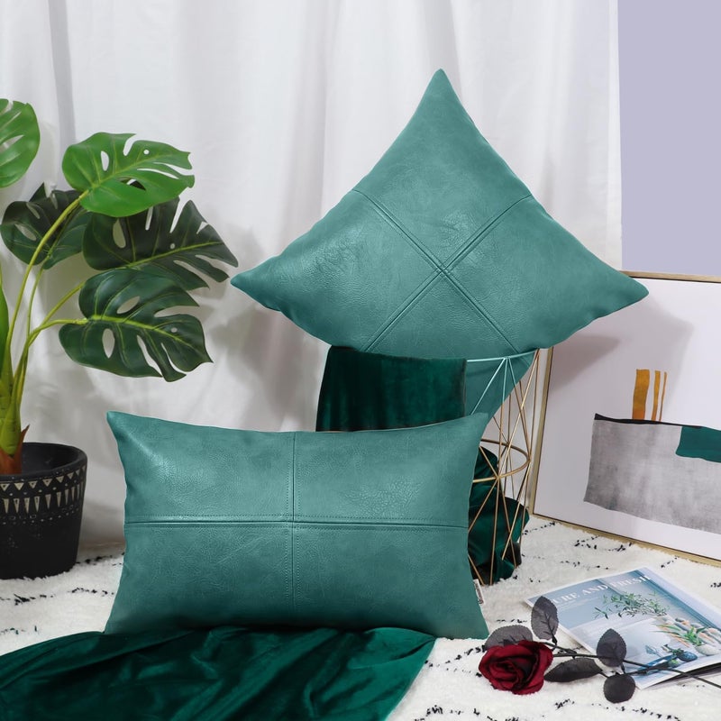 BRAWARM Faux Leather Throw Pillow Covers 22 X 22 Inches, Teal Leather Pillow Cover, Hand Stitched Leather Decorative Pillow Cover for Couch Sofa Bed Living Room Home Garden - Image 3