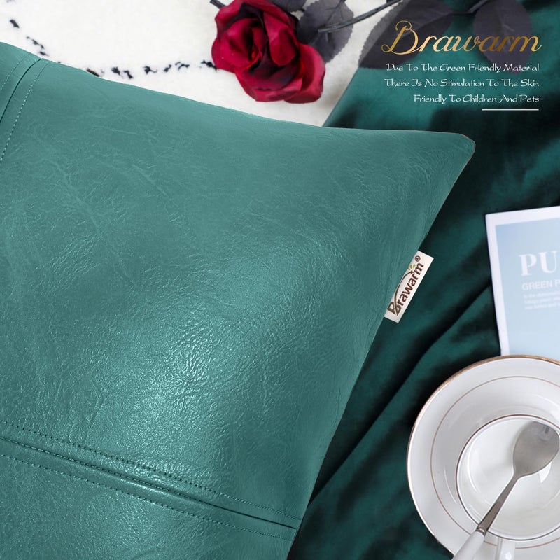 BRAWARM Faux Leather Throw Pillow Covers 22 X 22 Inches, Teal Leather Pillow Cover, Hand Stitched Leather Decorative Pillow Cover for Couch Sofa Bed Living Room Home Garden - Image 5