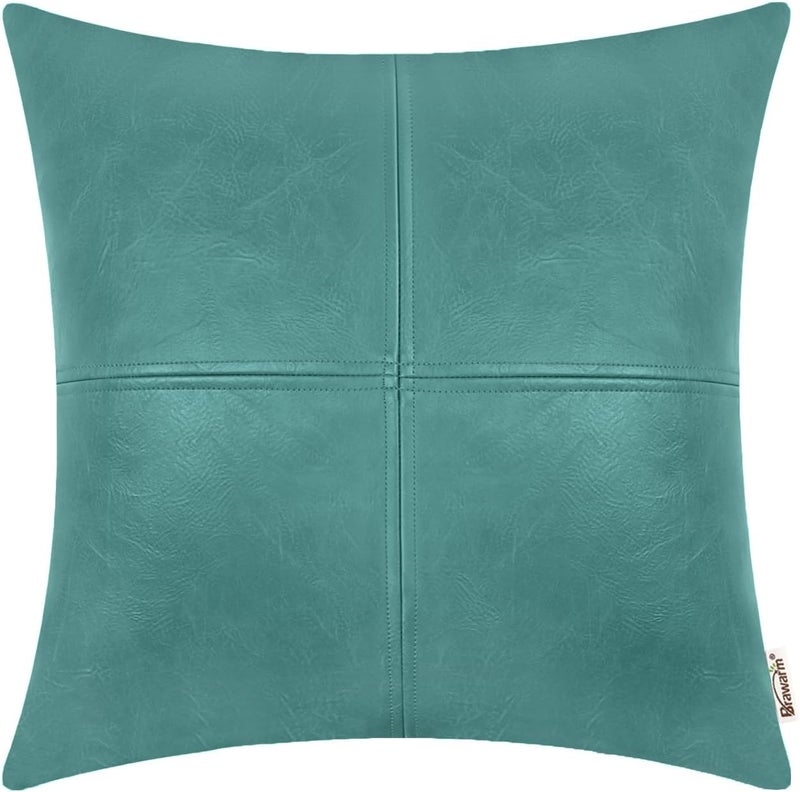 BRAWARM Faux Leather Throw Pillow Covers 22 X 22 Inches, Teal Leather Pillow Cover, Hand Stitched Leather Decorative Pillow Cover for Couch Sofa Bed Living Room Home Garden - Image 1