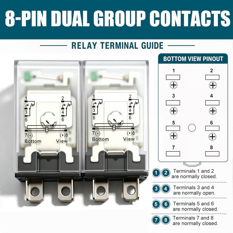 mxuteuk 2pcs JQX-13FL DC 12V Coil 8 Pin 10A DPDT LED Indicator Electromagnetic Power Relay, with Base, with DIN Rail Slotted Aluminum，1 Years Warranty - Image 5