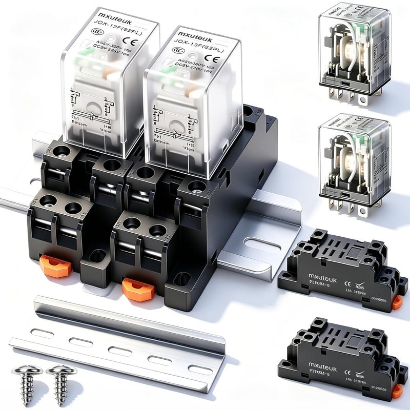 mxuteuk 2pcs JQX-13FL DC 12V Coil 8 Pin 10A DPDT LED Indicator Electromagnetic Power Relay, with Base, with DIN Rail Slotted Aluminum，1 Years Warranty - Image 1