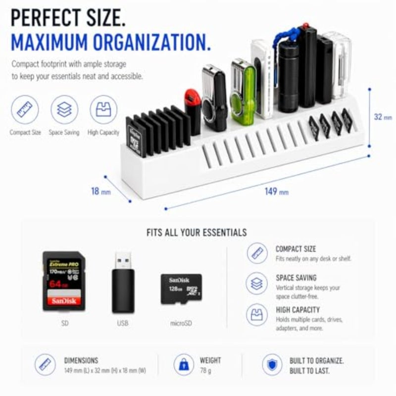 USB and SD Card Organiser Holder, Desktop Storage Stand for Flash Drives, SD Cards and microSD Adapters, Compact Memory Card Dock - Image 4