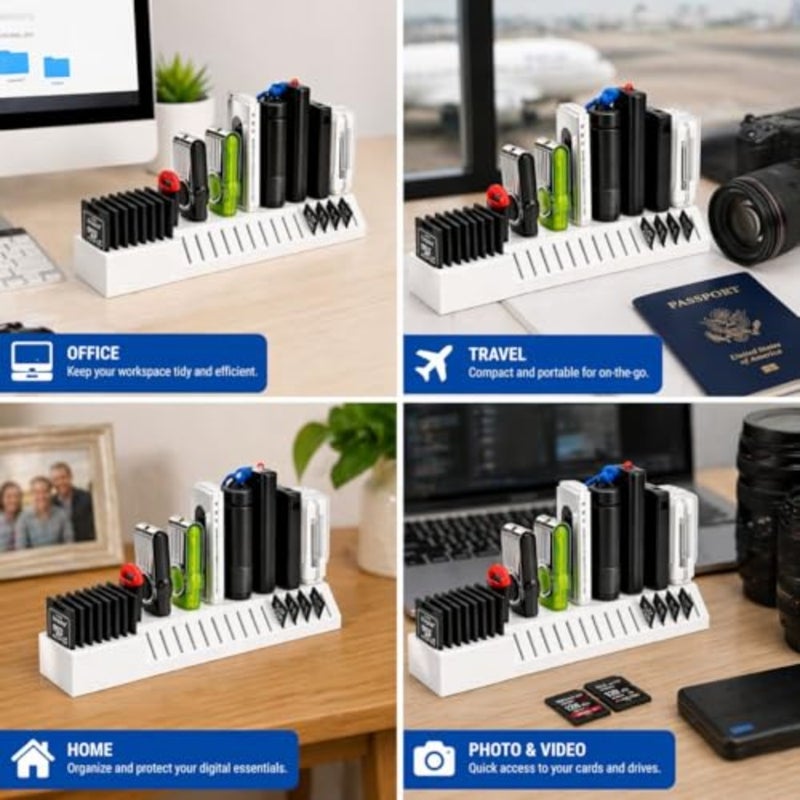 USB and SD Card Organiser Holder, Desktop Storage Stand for Flash Drives, SD Cards and microSD Adapters, Compact Memory Card Dock - Image 3