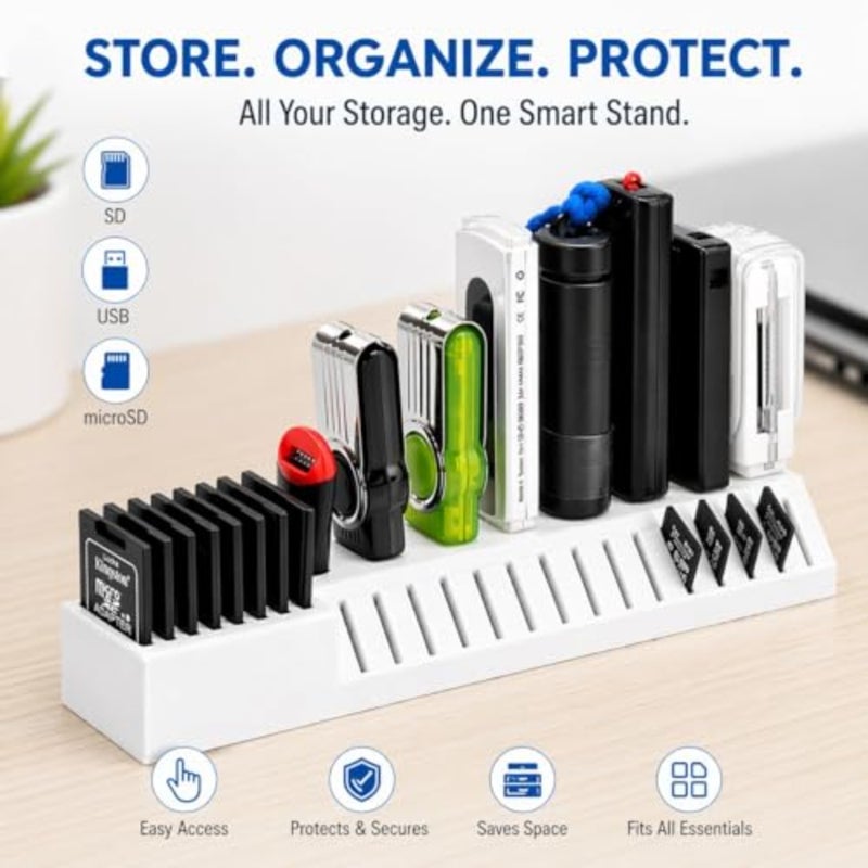 USB and SD Card Organiser Holder, Desktop Storage Stand for Flash Drives, SD Cards and microSD Adapters, Compact Memory Card Dock - Image 2