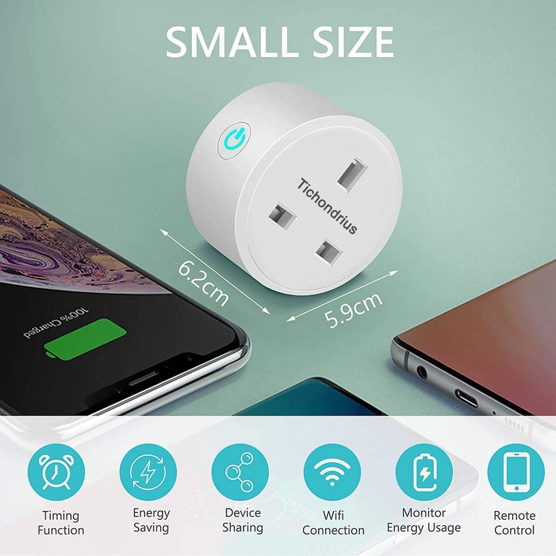 Tichondrius Smart WiFi Plug, Smart Outlet Plug Socket Compatible with Alexa, Mini Socket with Remote Control & Voice with Electricity Statistics Timer Function, No Hub Required (Pack, 4) - Image 2