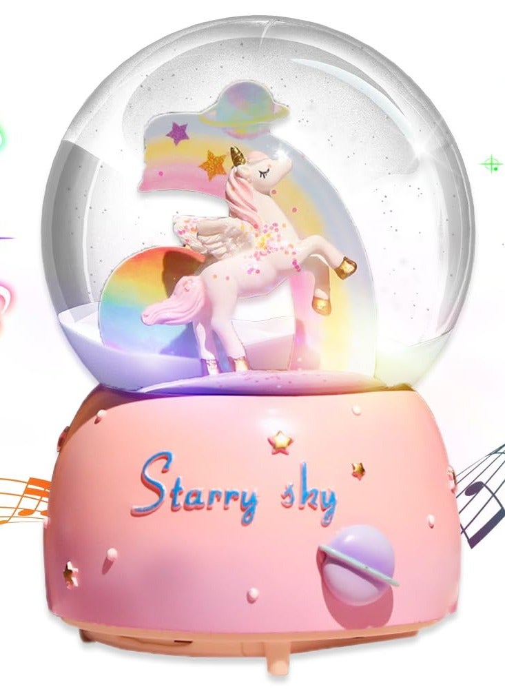 KASTWAVE Unicorn Snow Globes for Girls, 100MM Pink Glitter Glass Snow Globes for Adults Kids Birthday Gift, Rotating Unicorn Music Box with Music for Home Decoration Girls, Babies Birthday (Pink) - Image 1