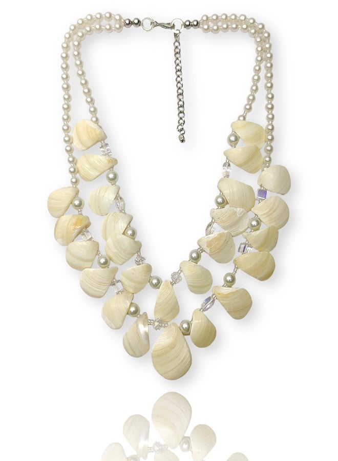 دي سي أيه قلادة مميزة من عرق اللؤلؤ مع كريستال زجاجي ولآلئ زجاجية فاخرة، خيط مزدوج، لون أبيض عاجي - Image 3