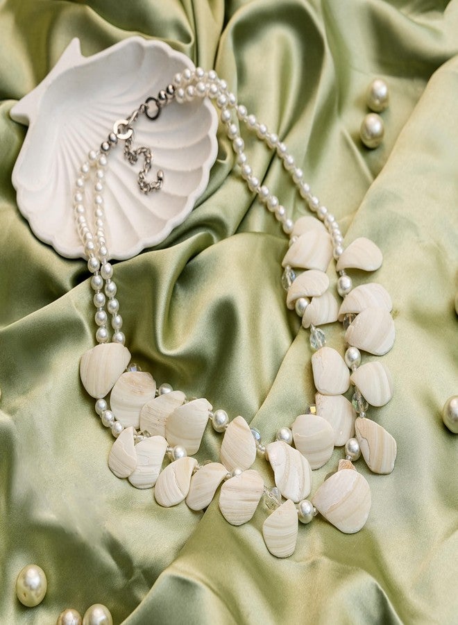 دي سي أيه قلادة مميزة من عرق اللؤلؤ مع كريستال زجاجي ولآلئ زجاجية فاخرة، خيط مزدوج، لون أبيض عاجي - Image 2