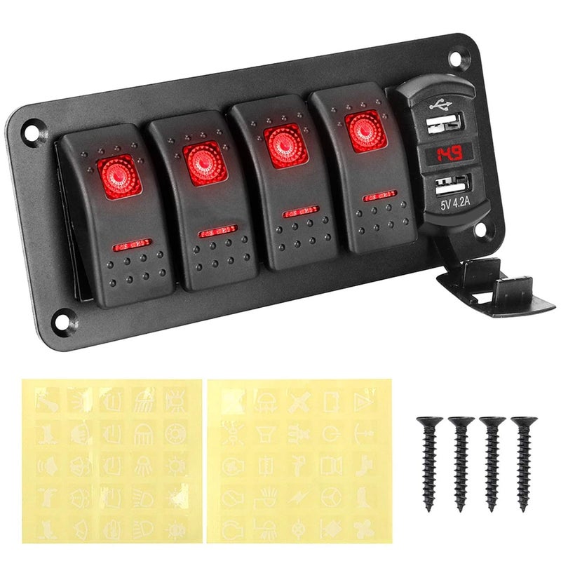 Wivplex 12V 24V Dual USB Port 4 Gang Toggle Rocker Switch Panel - Image 1