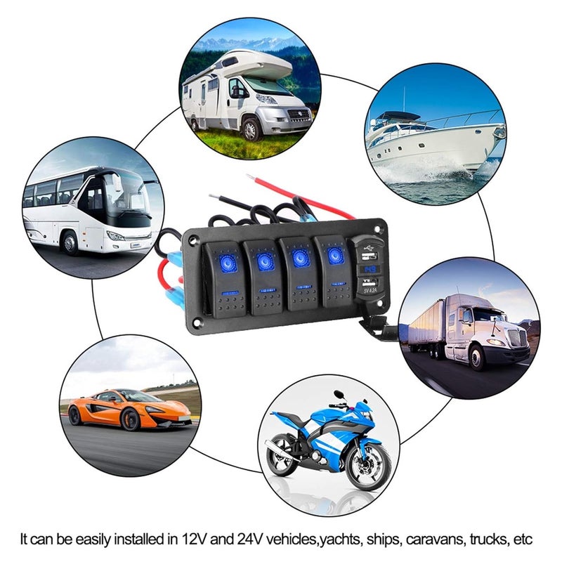 Wivplex 12V 24V Dual USB Port 4 Gang Toggle Rocker Switch Panel - Image 4