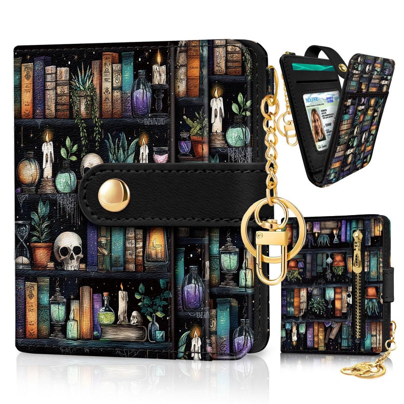 Jogjam Bookshelf and Skull Goth Gothic Skeleton Rfid Women Wallet, Small Slim Thin Compact Travel Credit Card Wallet, PU Leather Bifold Cash Wallet, Zipper Coin Pocket ID Window, Female Ladies Gifts - Image 1