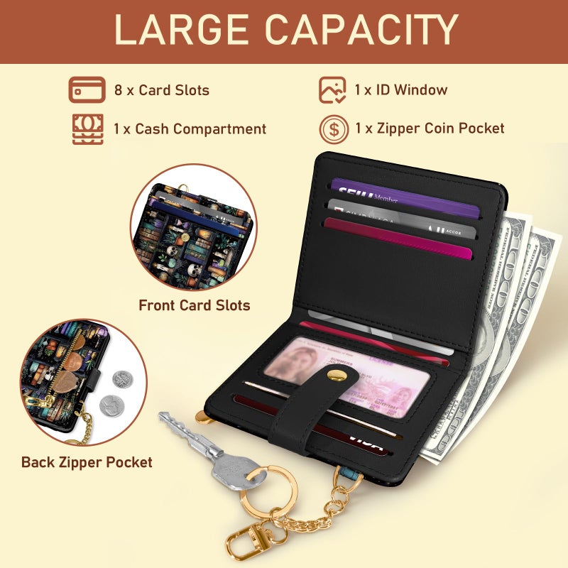 Jogjam Bookshelf and Skull Goth Gothic Skeleton Rfid Women Wallet, Small Slim Thin Compact Travel Credit Card Wallet, PU Leather Bifold Cash Wallet, Zipper Coin Pocket ID Window, Female Ladies Gifts - Image 4