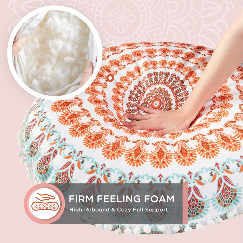 Codi Floor Pillows for Adults Set of 2, Large Boho Meditation Cushions with Memory Foam, Round Mandala Seating for Outdoor Yoga and Living Room, Washable, 32 Inch, Coral - Image 3