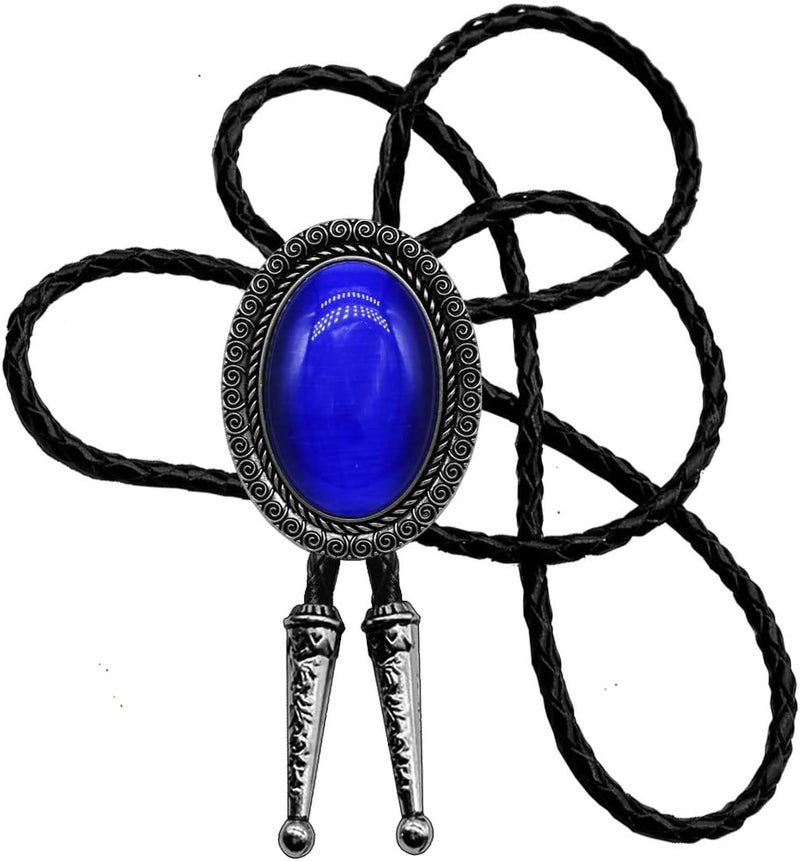 Moranse Bolo Tie With Emerald Blue and Black or More Colors Stone Celtic Style Genuine and Cowhide Rope - Image 1