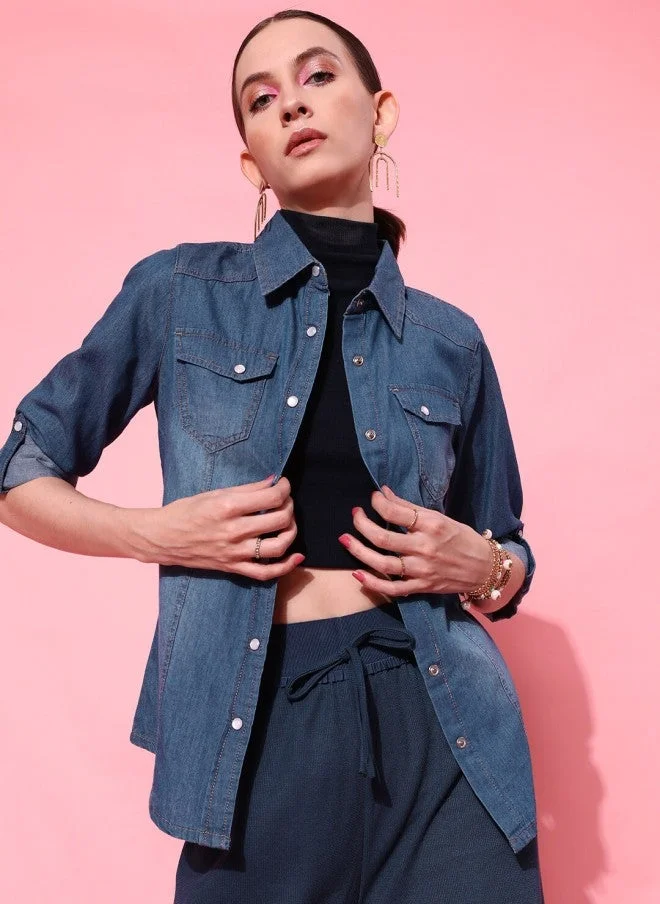 STREET 9 Deep Blue Denim Shirt for Women