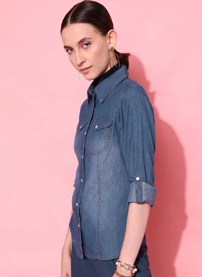 STREET 9  Deep Blue Denim Shirt for Women for Women | Best Price UAE