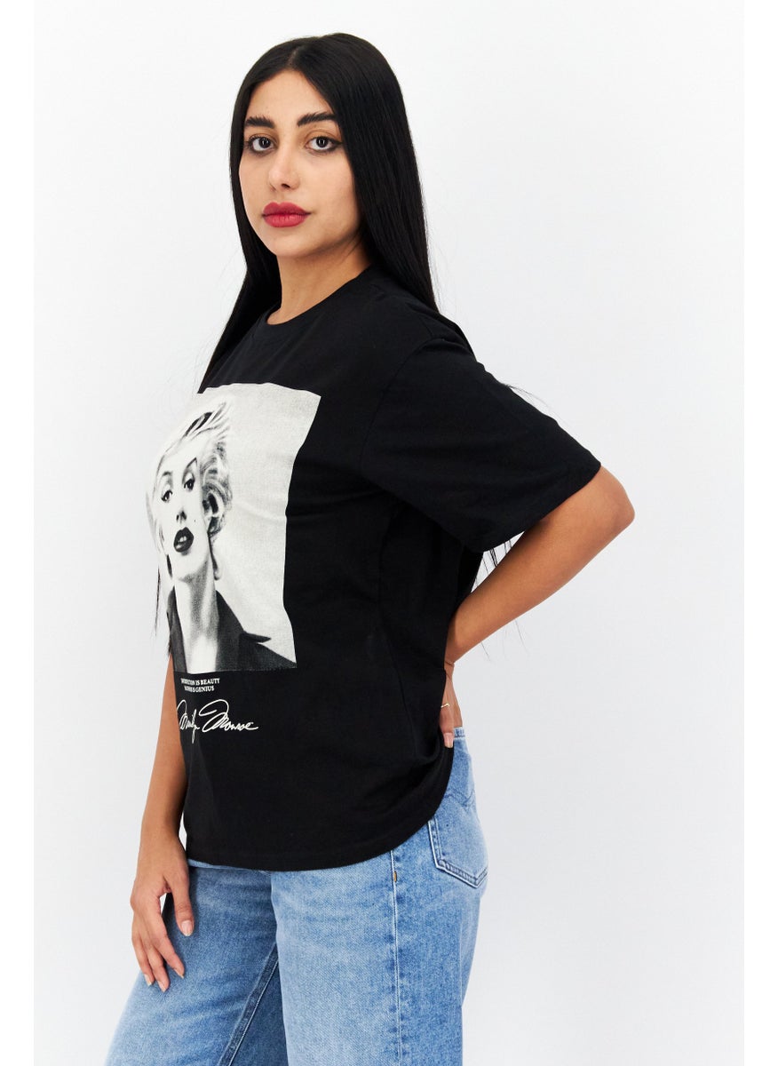 Marilyn Monroe - Women Crew Neck Short Sleeves Graphic Print T-Shirt, Black - Image 1